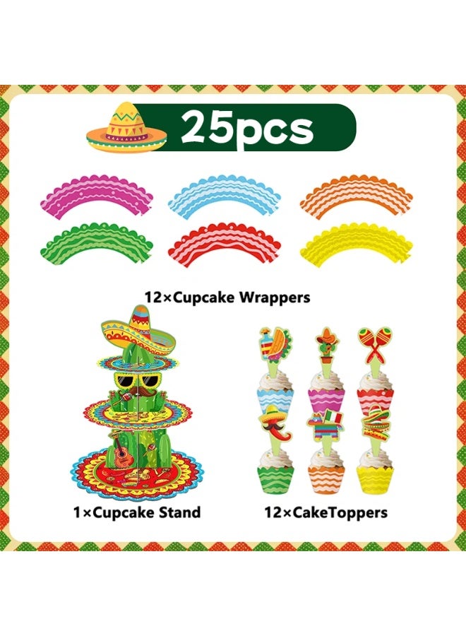 ILovhaprty 25pcs Mexican Fiesta Cake Decoration Set – 3-Tier Cinco de Mayo Cake Stand with Cupcake Wrappers and Cake Toppers, Cinco de Mayo Party Supplies for Mexican Fiesta Dessert Table Decorations - Image 3